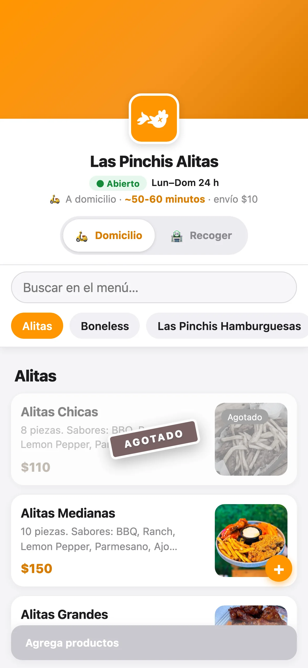 La carta del cliente con un producto sellado como agotado