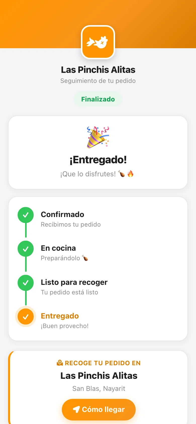Página de seguimiento con el pedido entregado