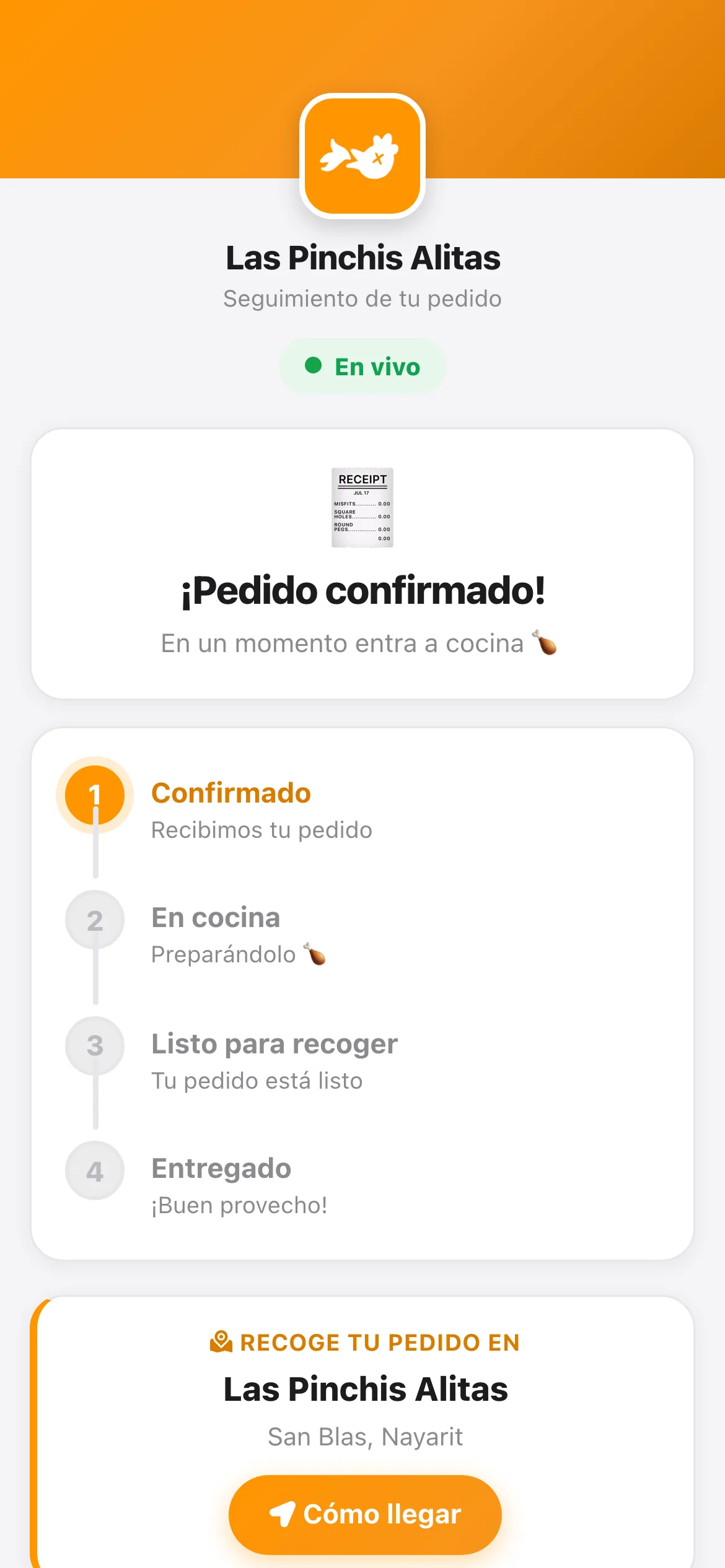 Página de seguimiento con el pedido confirmado