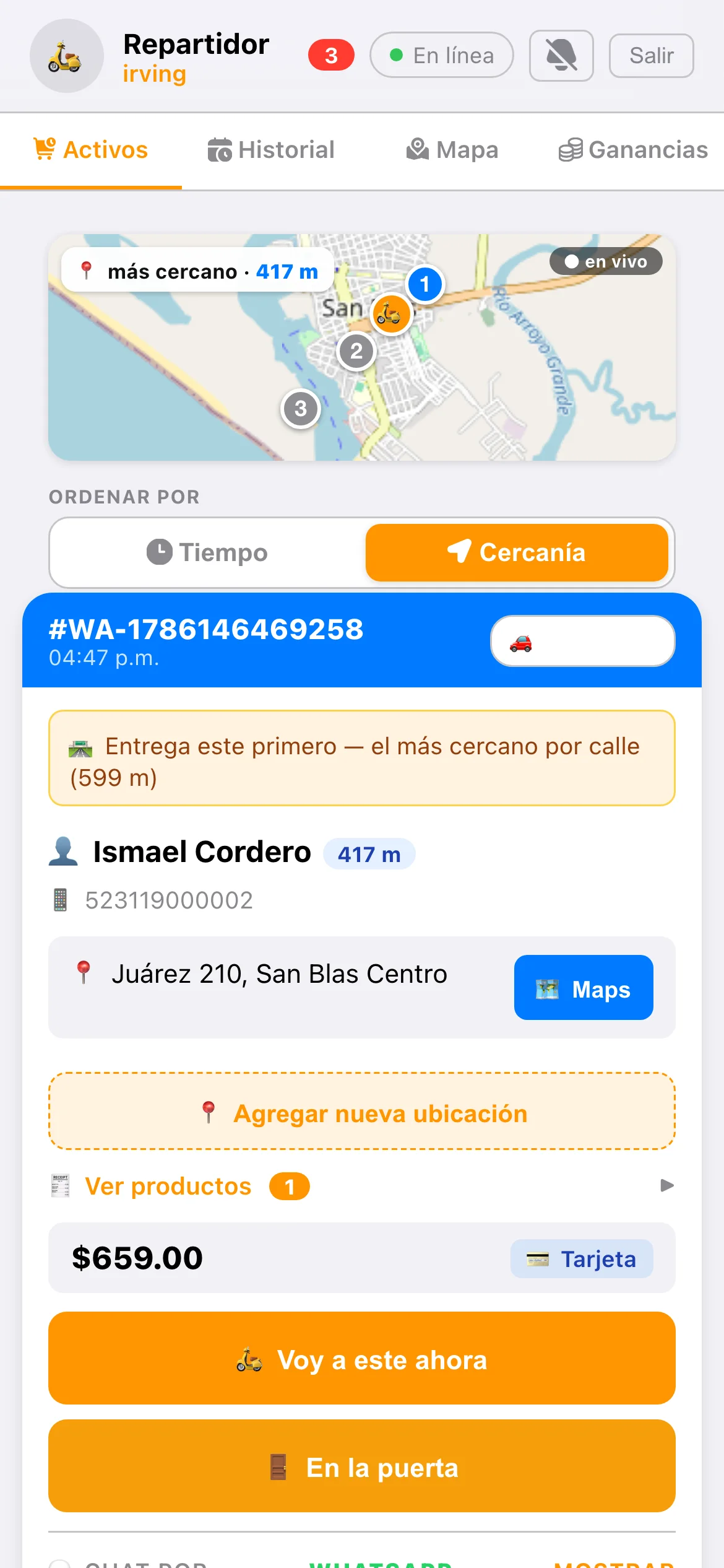App del repartidor con sus entregas ordenadas por cercanía