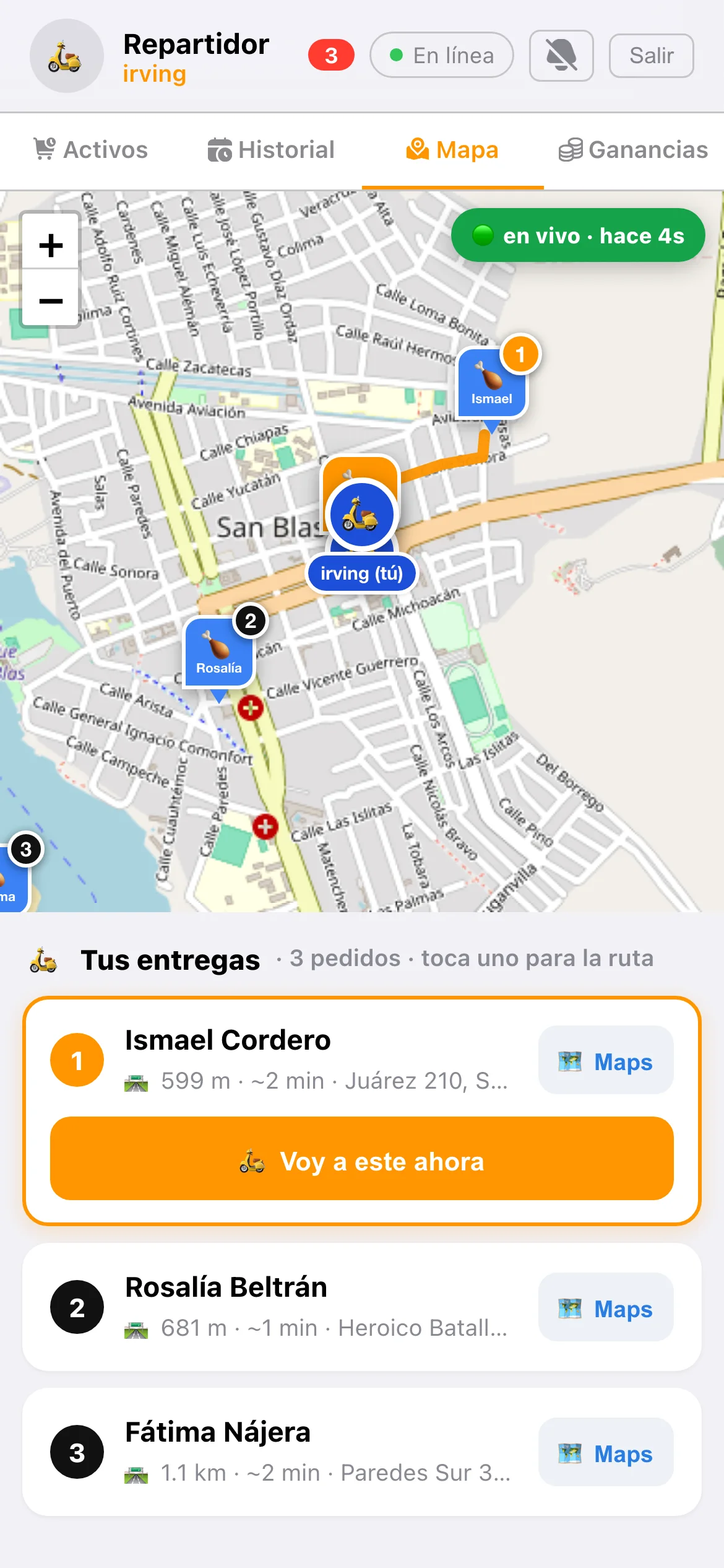Mapa en vivo con la moto y los puntos de entrega