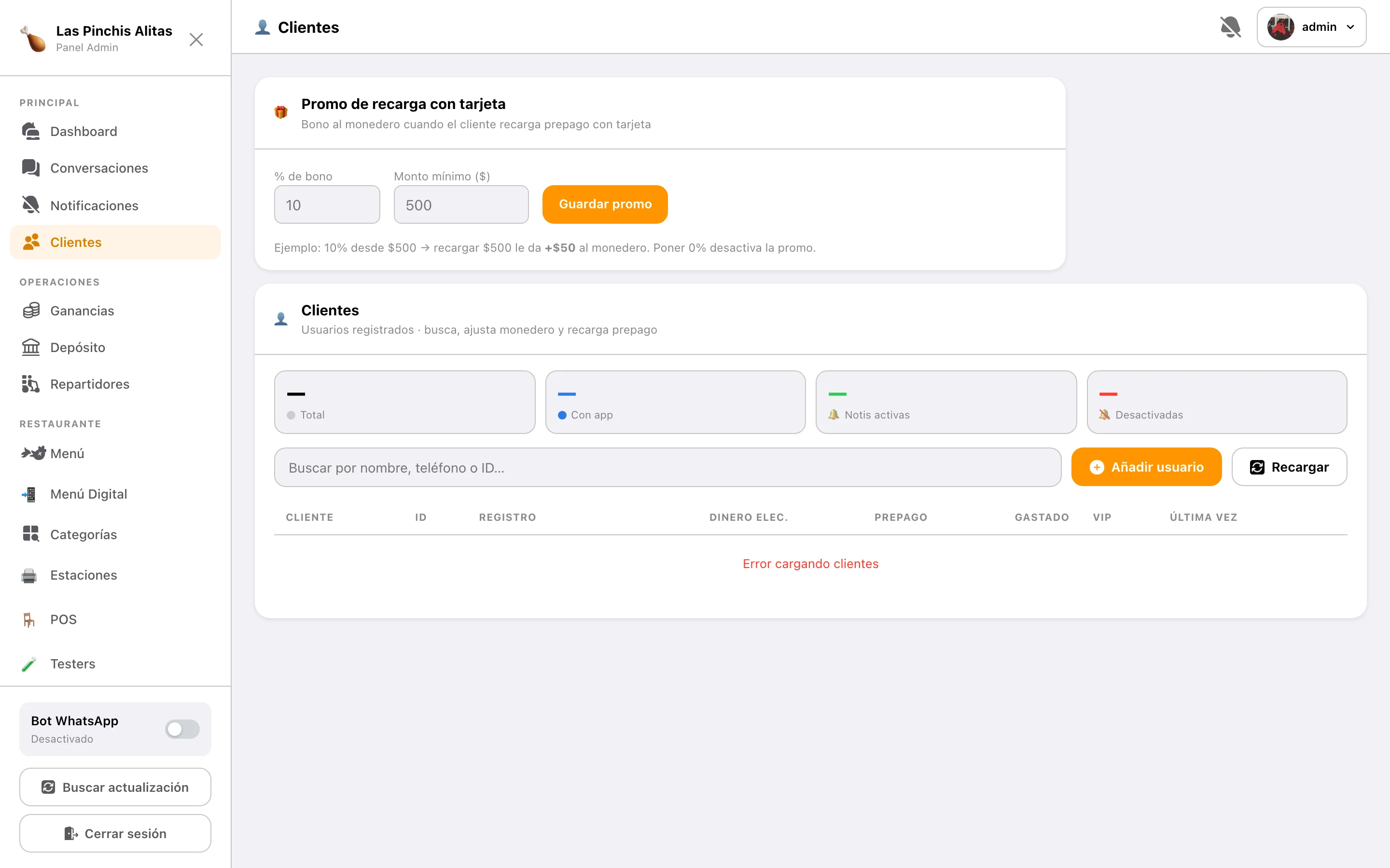 Lista de clientes en el panel