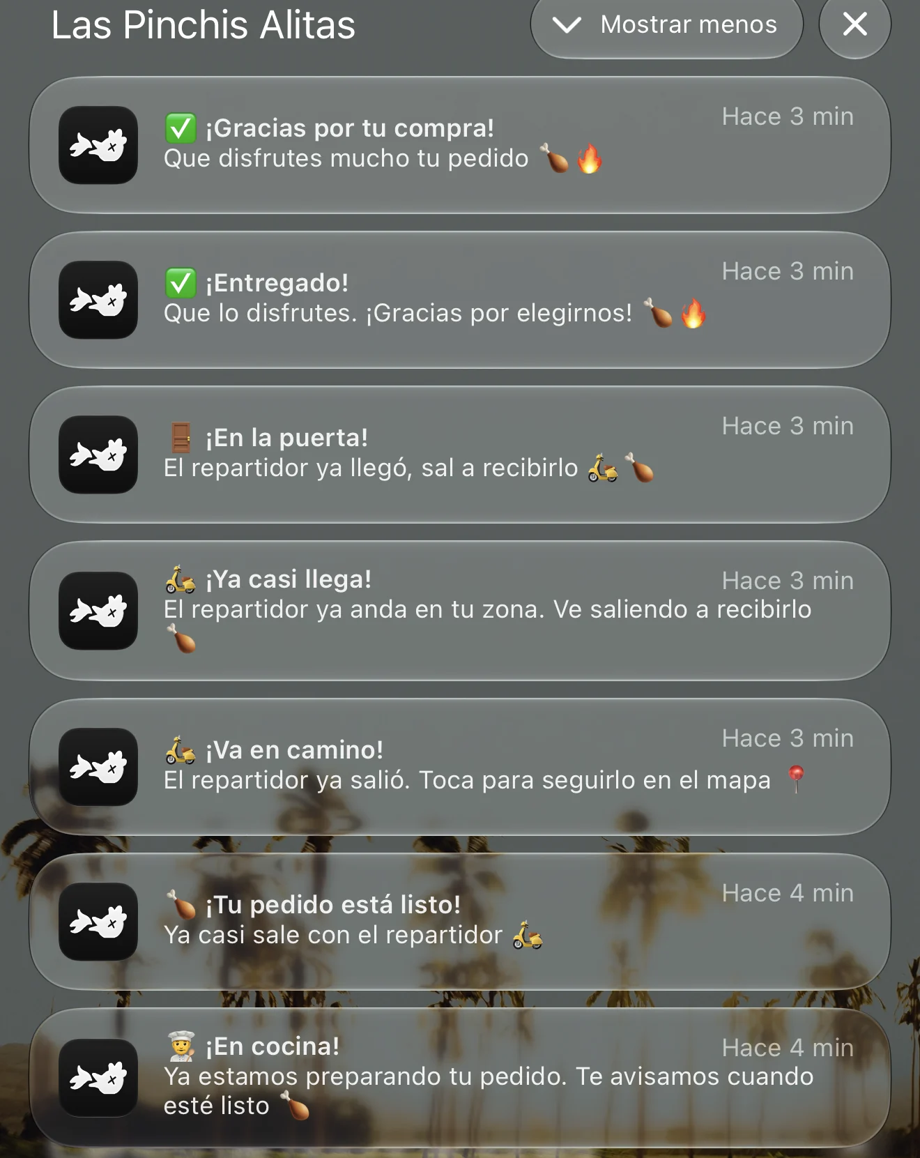 Pantalla de un teléfono con los siete avisos del pedido apilados
