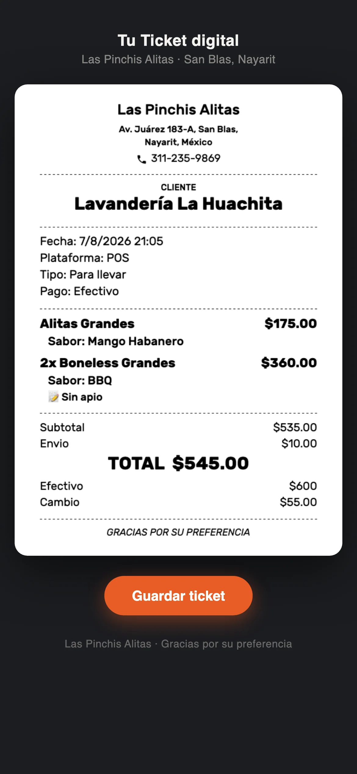 El mismo ticket abierto en el teléfono del cliente