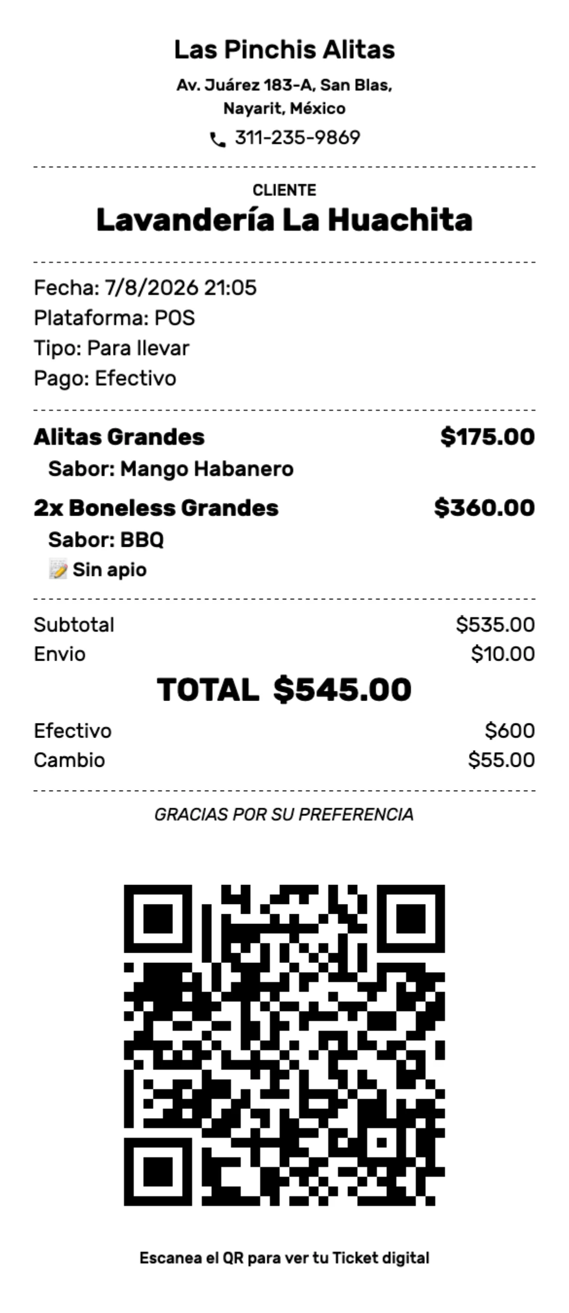 Ticket impreso con el desglose y el QR abajo